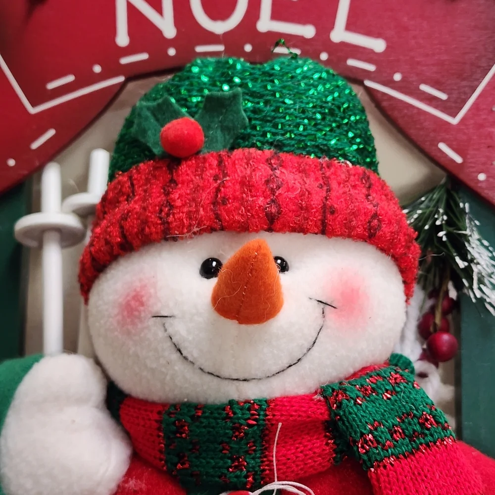 Red and Green Wood Wall Or Shelf Decor Plush Snowman With Pail Of Snowballs